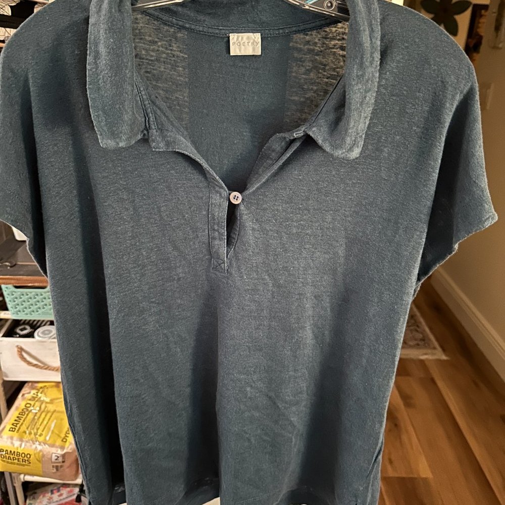 POETRY LINEN DARK BLUE V NECK TOP SIZE LARGE